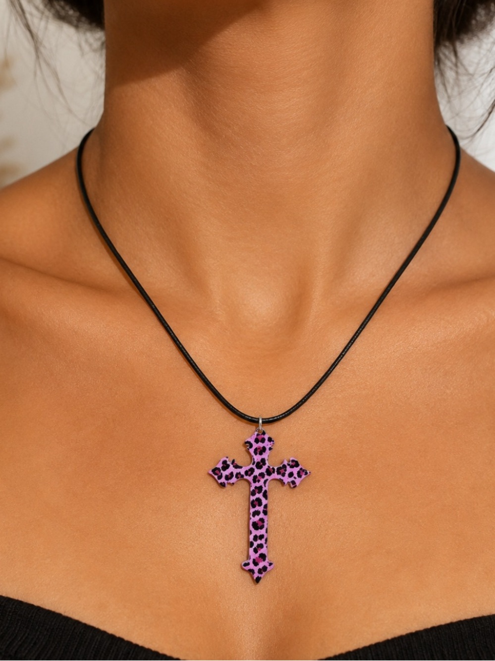 Necklace Pink Leopard Cross